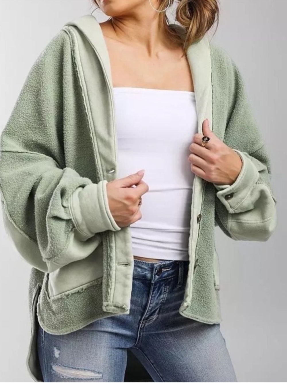 Free People Jordan Slouchy Reversed Fleece Sage Green Jacket Small - Picture 2 of 9
